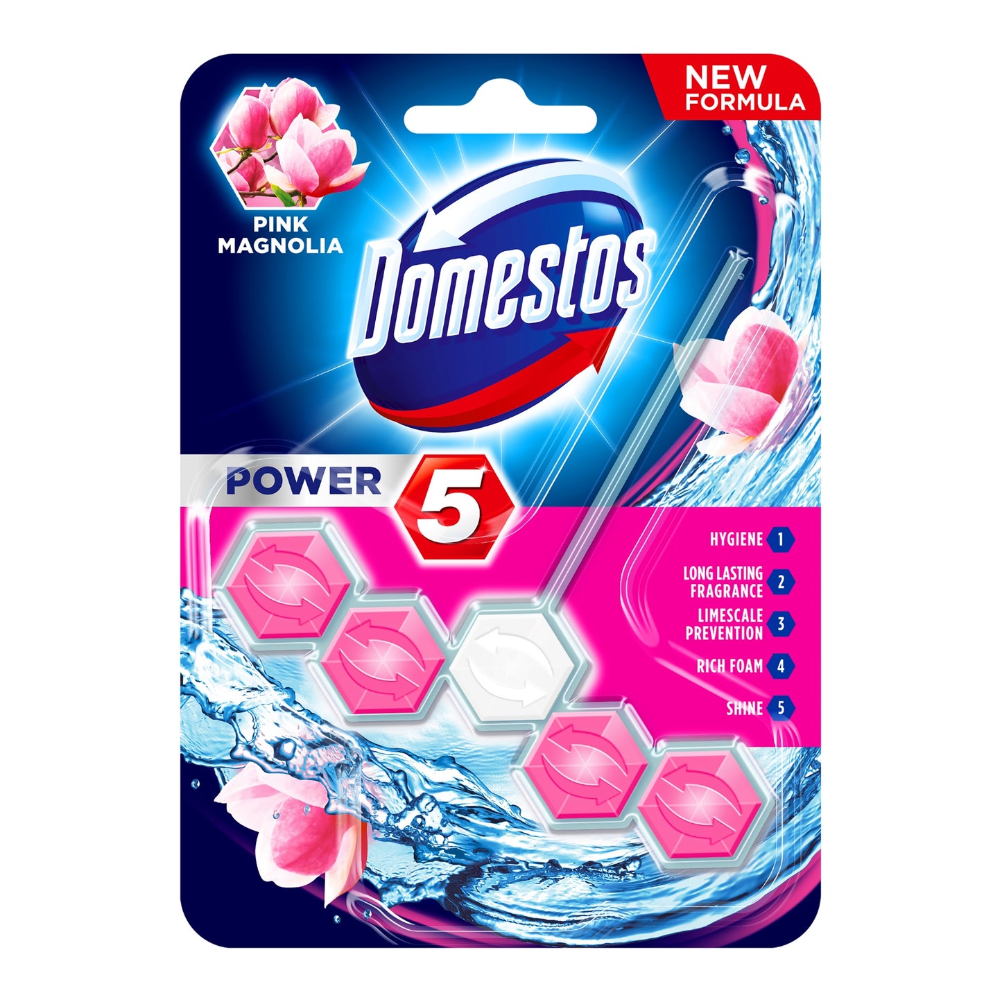 Domestos Power 5 Toilet Rim Block Pink Magnolia 55g | Daily Supplies