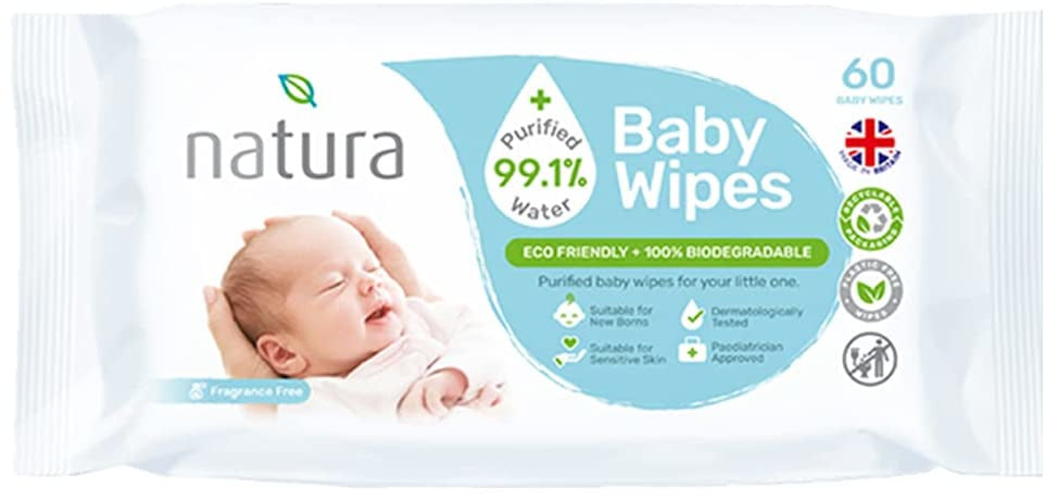 Natura Baby Wipes Sensitive Newborn Biodegradable Unscented 60 Wipes | Daily Supplies
