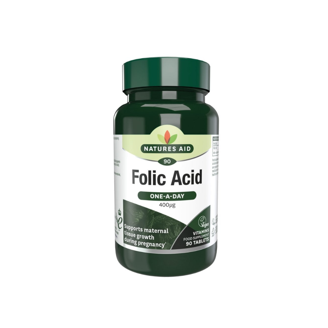 Natures Aid Folic Acid One-A-Day 400μg Vegan 90 Tablets | Daily Supplies