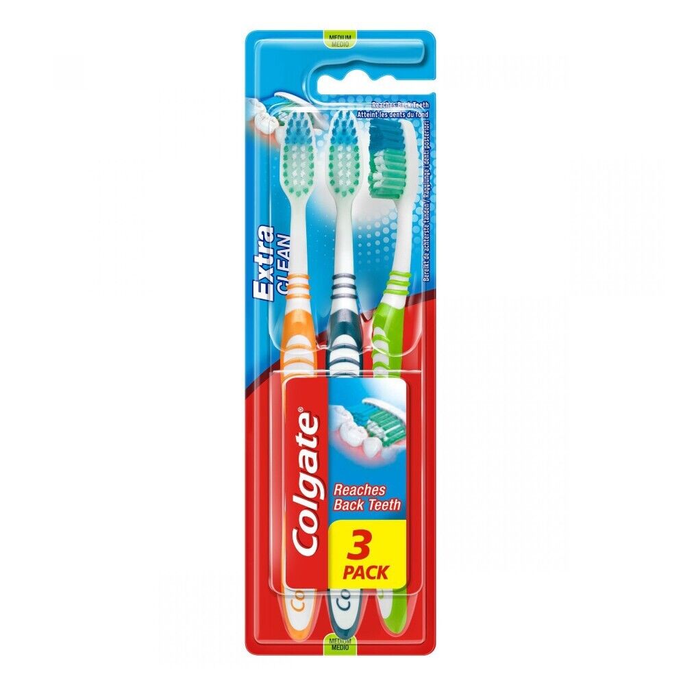 Colgate Extra Clean 3-Pack Toothbrush with Back Teeth Reach | Daily Supplies