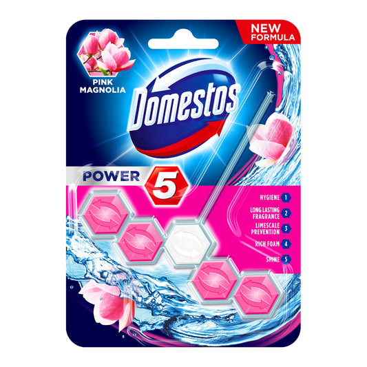 Domestos Power 5 Toilet Rim Block Pink Magnolia 55g | Daily Supplies
