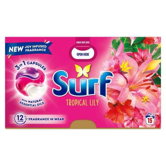 Surf 3 in 1 Laundry Washing Detergent Capsules Tropical Lily 15 Washes | Daily Supplies