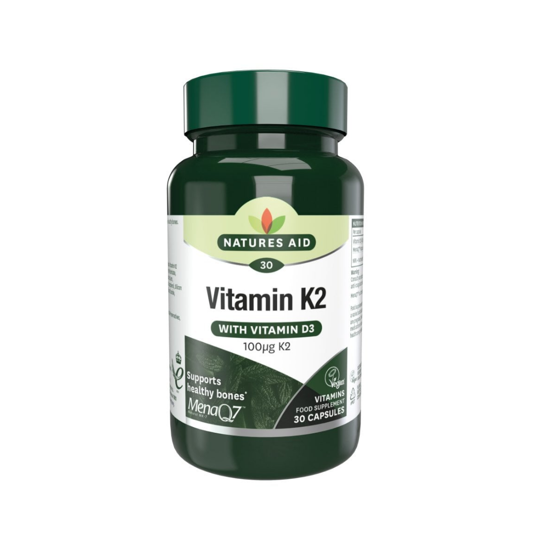 Natures Aid Vitamin K2 100µg MenaQ7 with Vitamin D3 30 Capsules | Daily Supplies